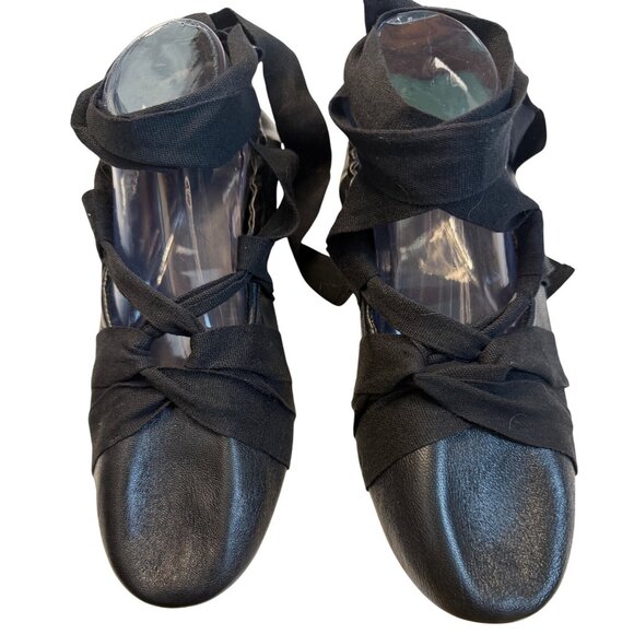 Free People Cece Wrap Ballet Flats Black Leather Ribbon Tie Size 11 - Picture 12 of 16